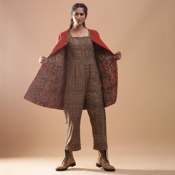 Front View of a Model wearing Reversible Quilted Kalamkari Jacket