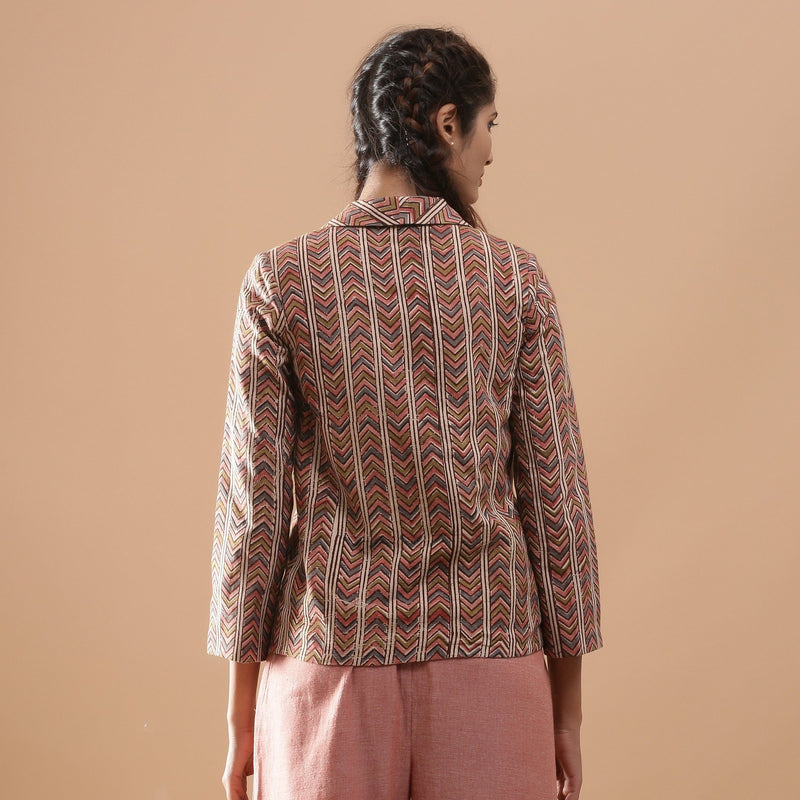 Back View of a Model wearing Kalamkari Warm Double-Breasted Jacket