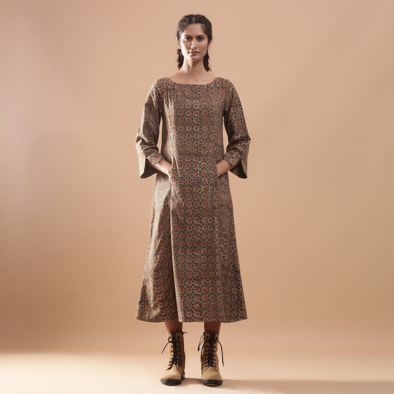 Front View of a Model wearing Warm Block Printed Cotton Princess-Line Midi Dress