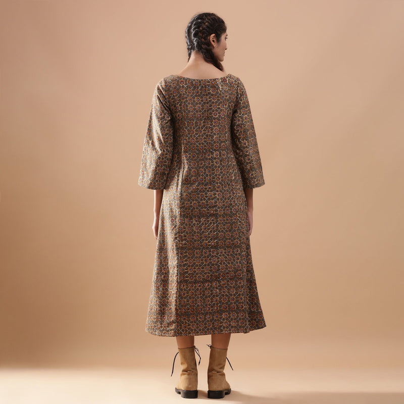 Back View of a Model wearing Warm Block Printed Cotton Princess-Line Midi Dress