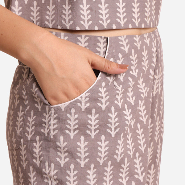 Right Detail of a Model wearing Dabu Block Print Grey Mid-Rise Culottes
