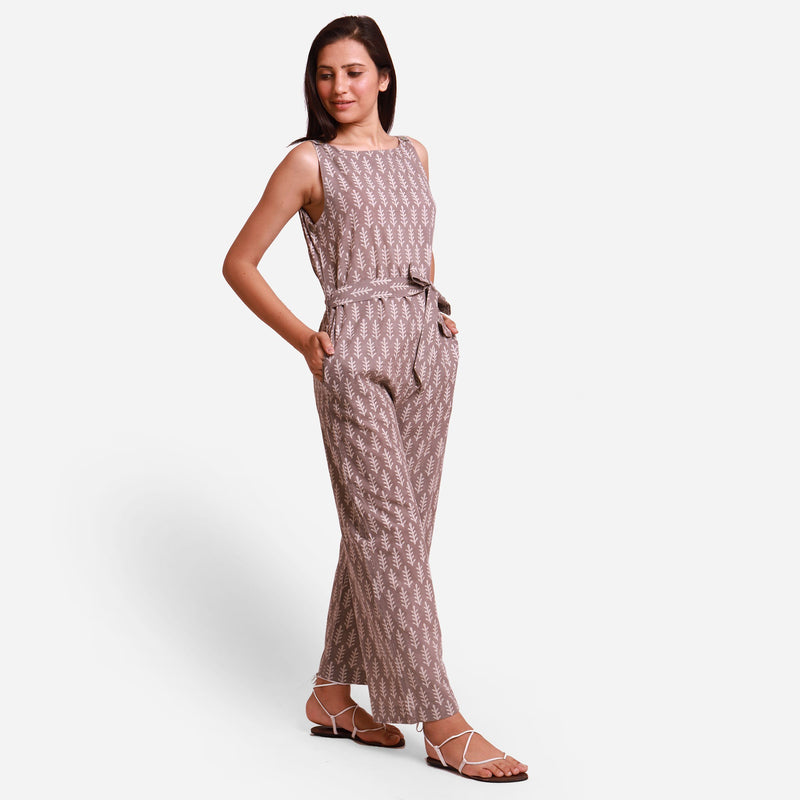 Right View of a Model wearing Grey Dabu Block Print Straight Jumpsuit