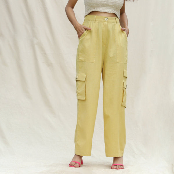 Front View of a Model wearing Khakhi Green Cotton Flax High-Rise Cargo Pant