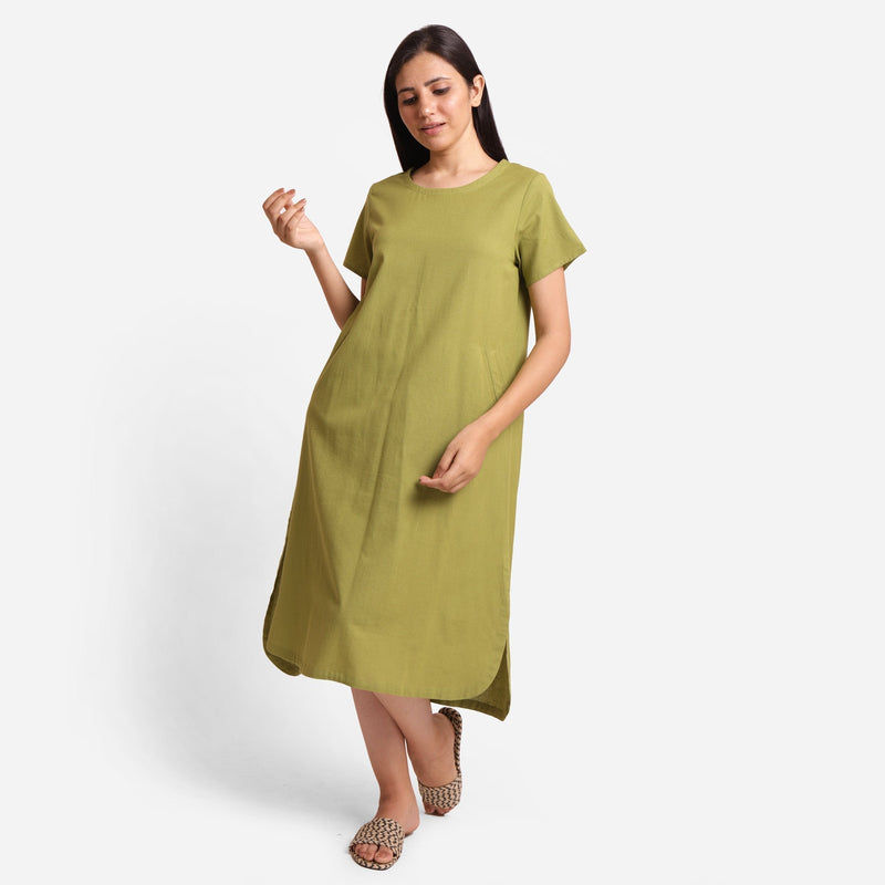 Front View of a Model wearing Khaki Green Cotton Flax High-Low Midi Dress