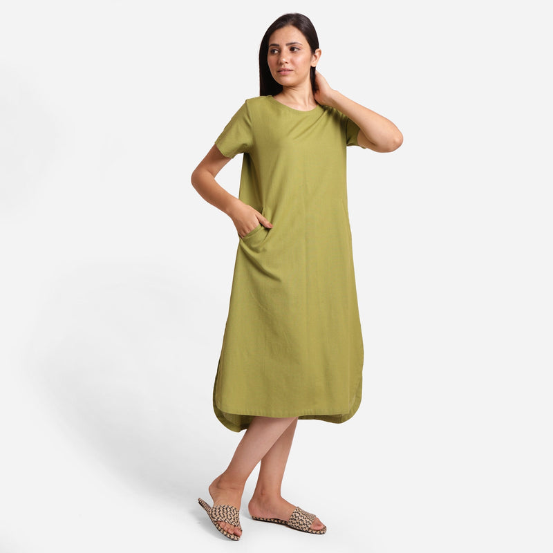 Front View of a Model wearing Khaki Green Cotton Flax High-Low Midi Dress