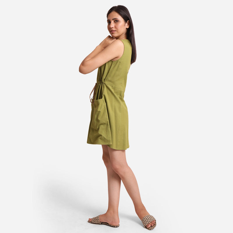 Left View of a Model wearing Khaki Green Cotton Flax Princess Line Short Dress