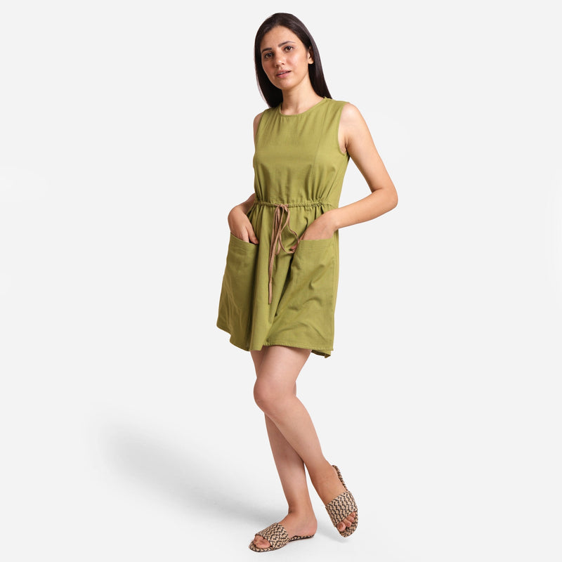 Front View of a Model wearing Khaki Green Cotton Flax Princess Line Short Dress