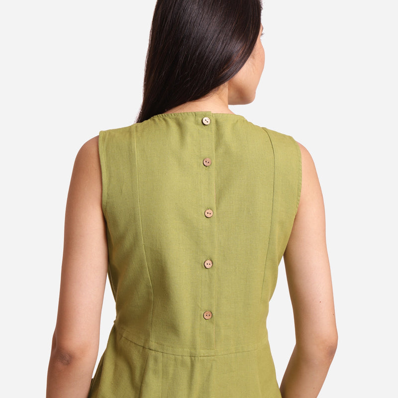Back Detail of a Model wearing Khaki Green Cotton Flax Princess Line Short Dress