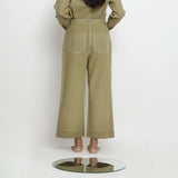 Back View of a Model wearing Khaki Green Vegetable Dyed Handspun Cotton Patch Pocket Wide Legged Pant