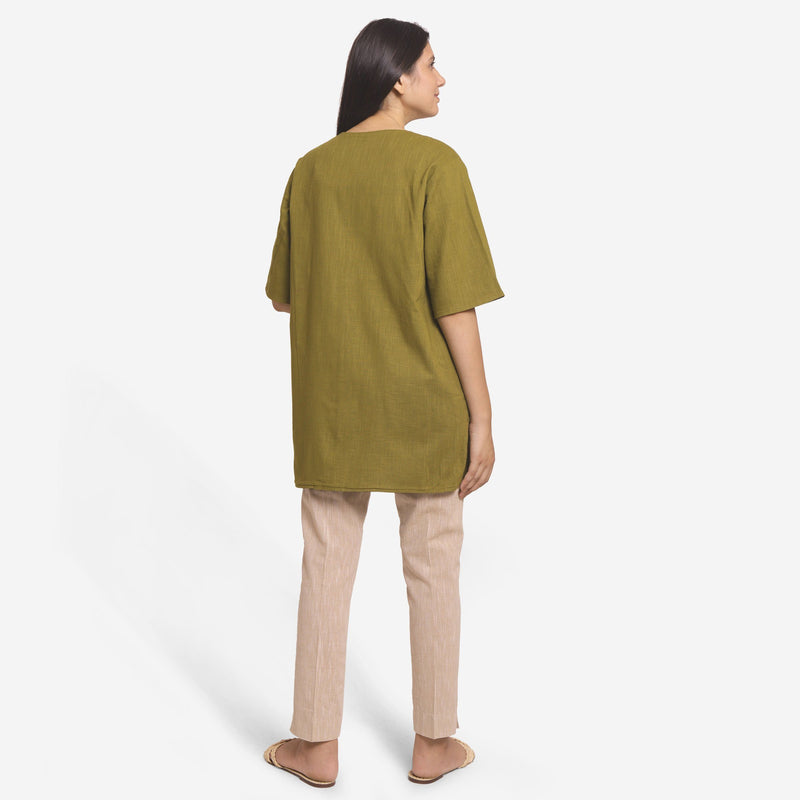 Back View of a Model wearing Reversible Cotton Flax Front Open Overlay