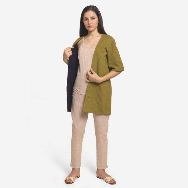 Front View of a Model wearing Reversible Cotton Flax Front Open Overlay