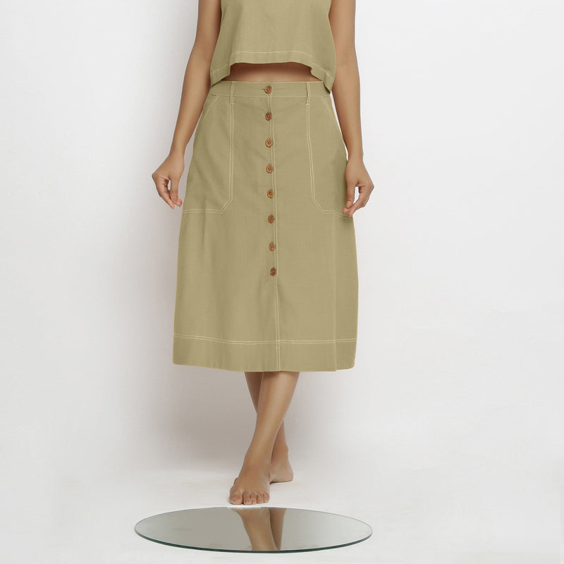 Front View of a Model wearing Khaki Green Vegetable Dyed Button-Down Skirt