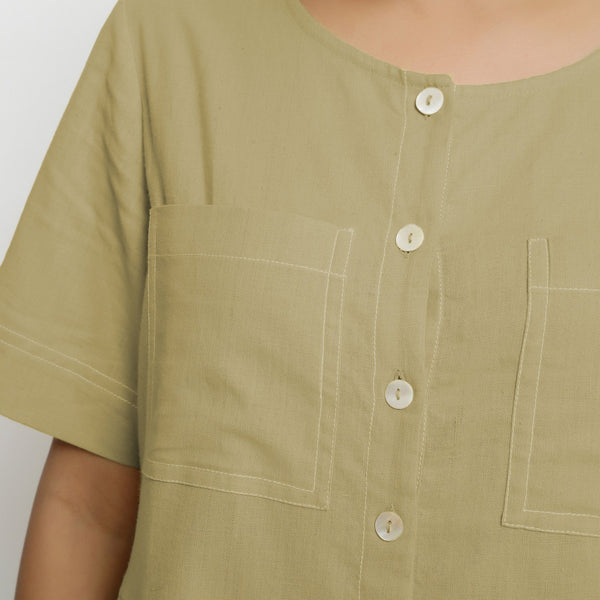 Front Detail of a Model wearing Khaki Green Vegetable Dyed Romper