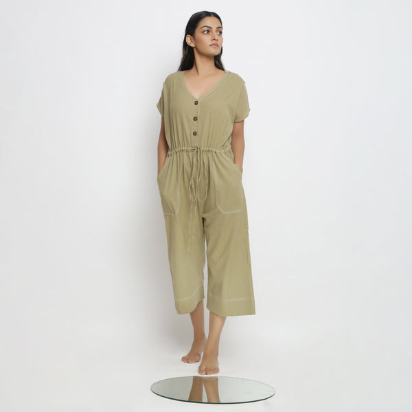 Front View of a Model wearing Vegetable Dyed Button-Down Jumpsuit