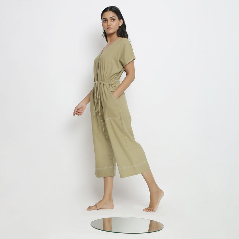 Left View of a Model Vegetable Dyed Button-Down Jumpsuit