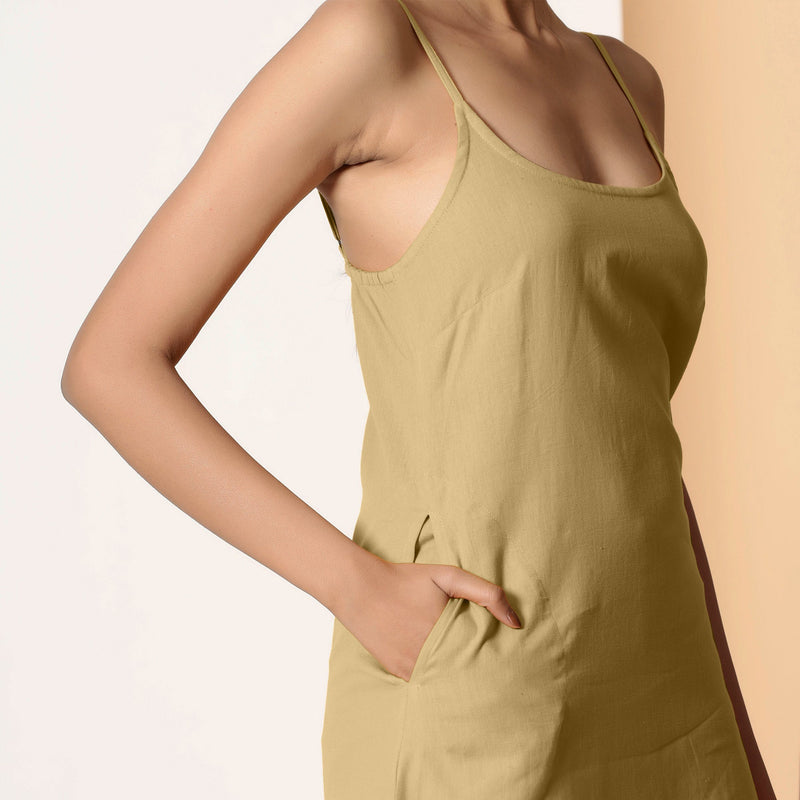 Right Detail of a Model wearing Khaki Sage Cotton Flax Strappy Slit Dress