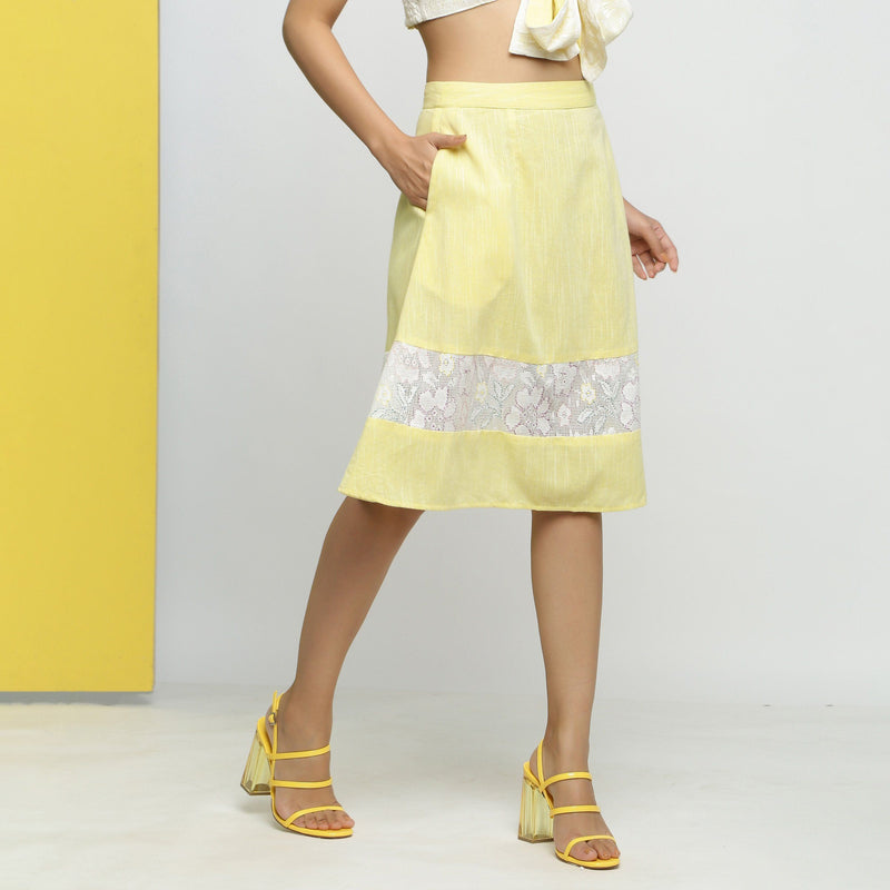 Right View of a Model wearing Hand Embroidered Cotton A-Line Skirt
