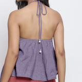 Back Detail of a Model wearing Lavender 100% Linen Halter Neck Handkerchief Top