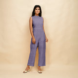 Front View of a Model wearing Lavender 100% Linen Princess Line Stand Collar Jumpsuit