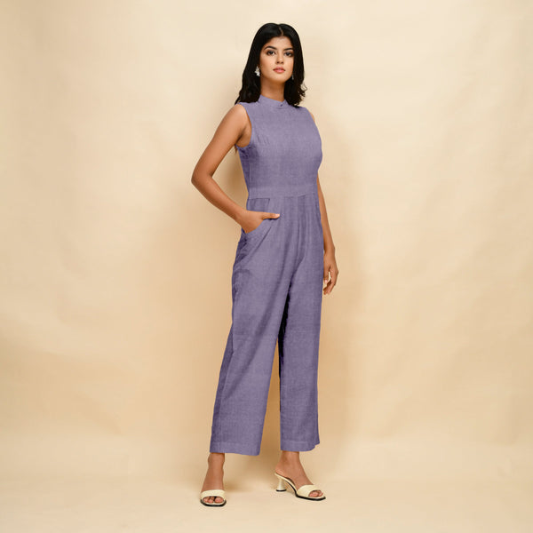 Right View of a Model wearing Lavender 100% Linen Princess Line Stand Collar Jumpsuit