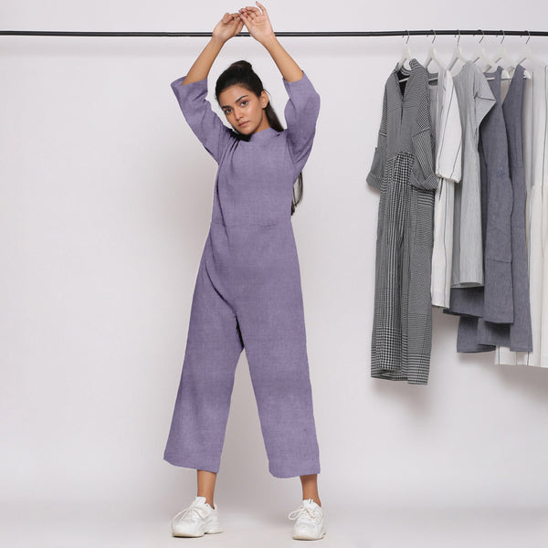 Front View of a Model wearing Lavender 100% Linen Comfort Fit High Neck Jumpsuit