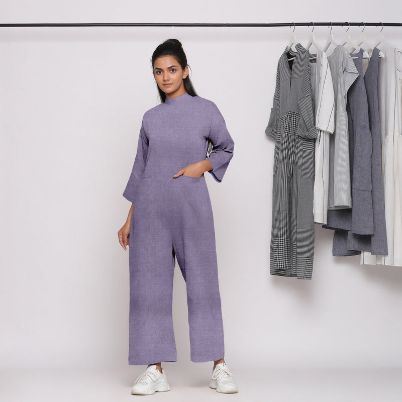 Front View of a Model wearing Lavender 100% Linen Comfort Fit High Neck Jumpsuit