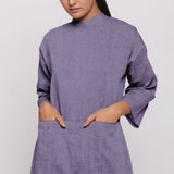 Front Detail of a Model wearing Lavender 100% Linen Comfort Fit High Neck Jumpsuit