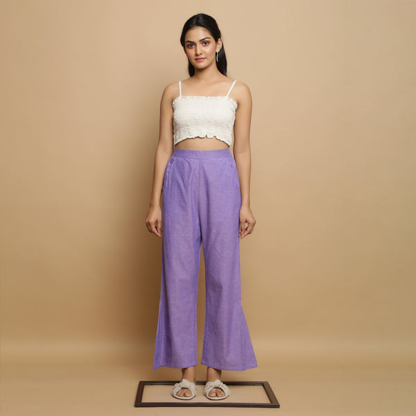 Front View of a Model wearing Lavender Ankle-Length Godet Pant