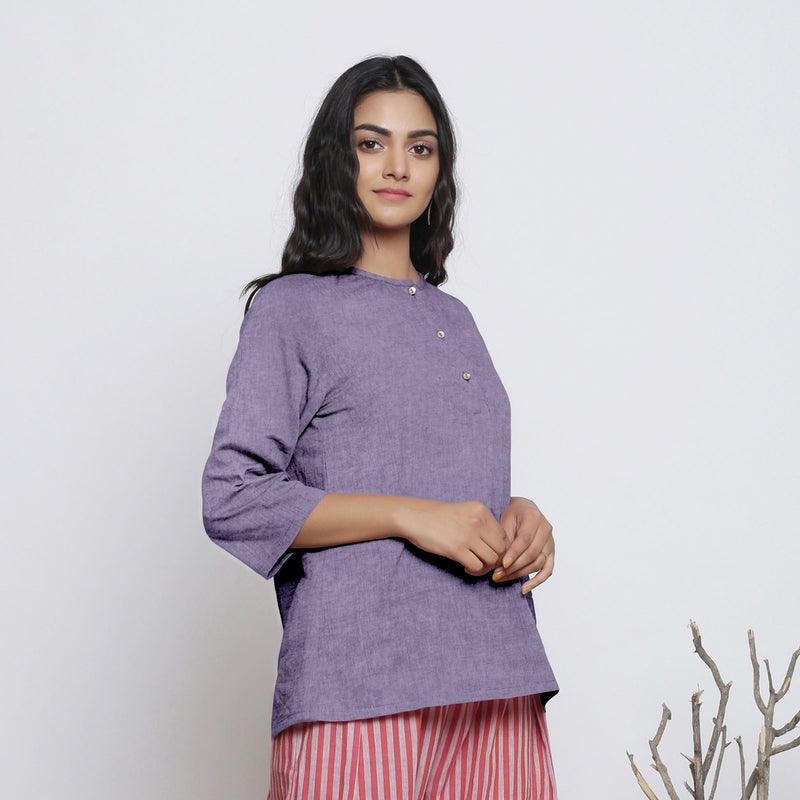 Right View of a Model wearing Lavender Comfort Fit A-Line Half Placket Linen Top