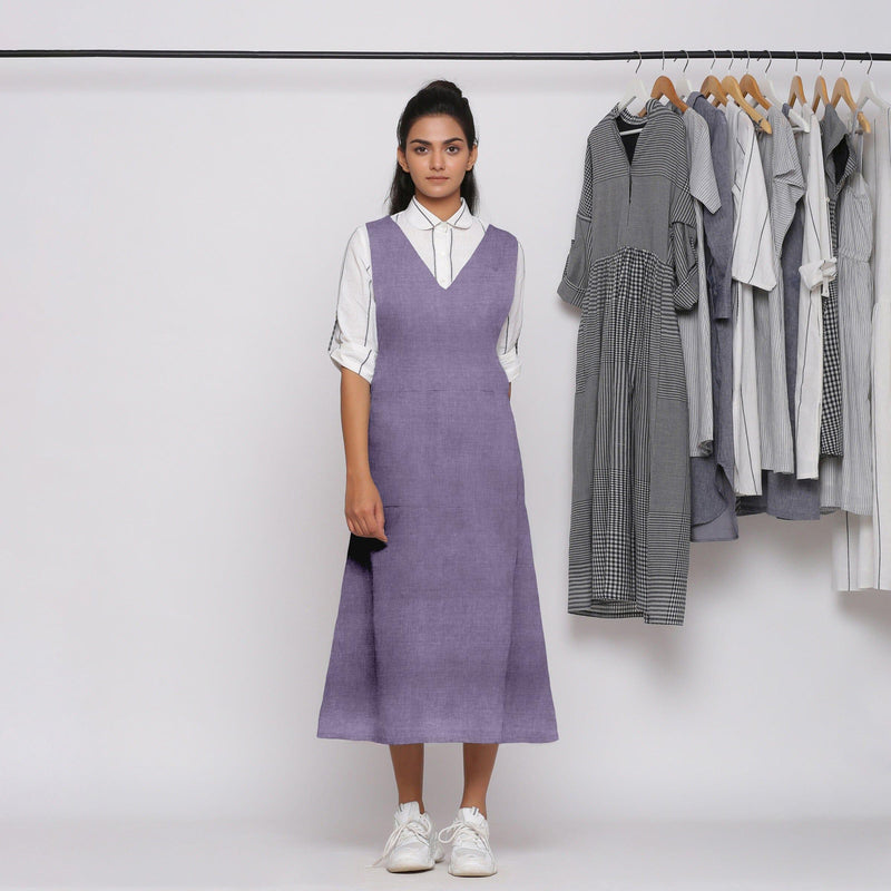 Buy Lavender Cotton Linen V-Neck Midi Pinafore Dress Online at SeamsFriendly