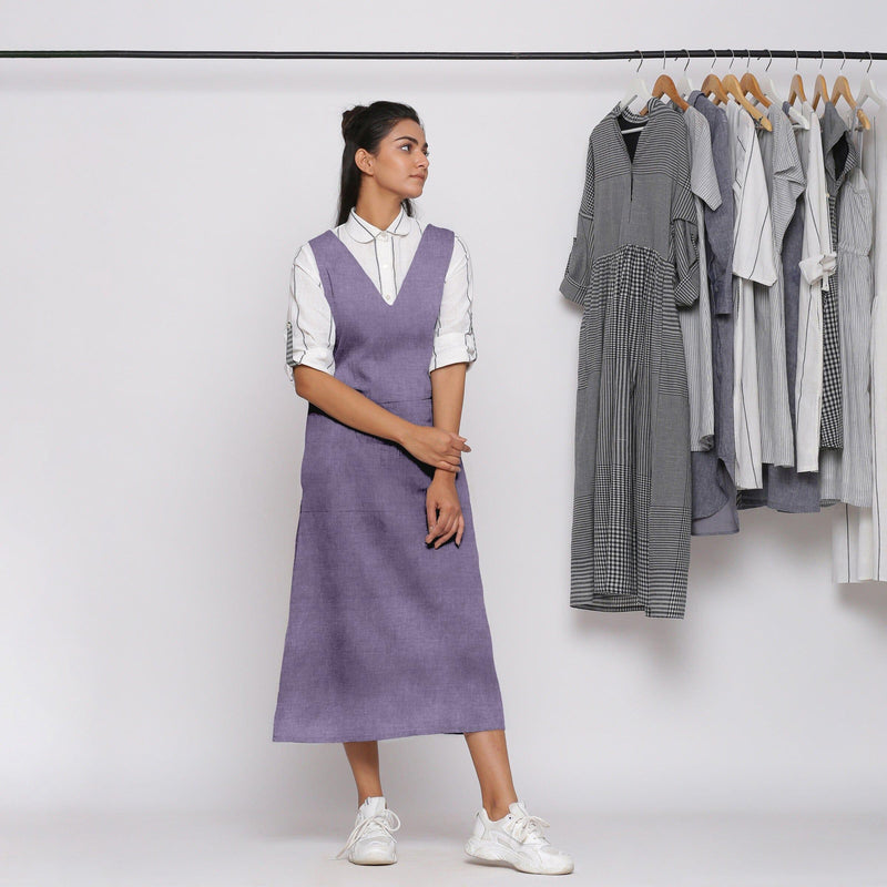 Lavender Cotton Linen V-Neck Midi Pinafore Dress