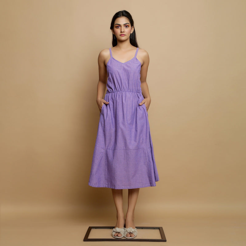 Front View of a Model wearing Hand-Embroidered Lavender Godet Dress