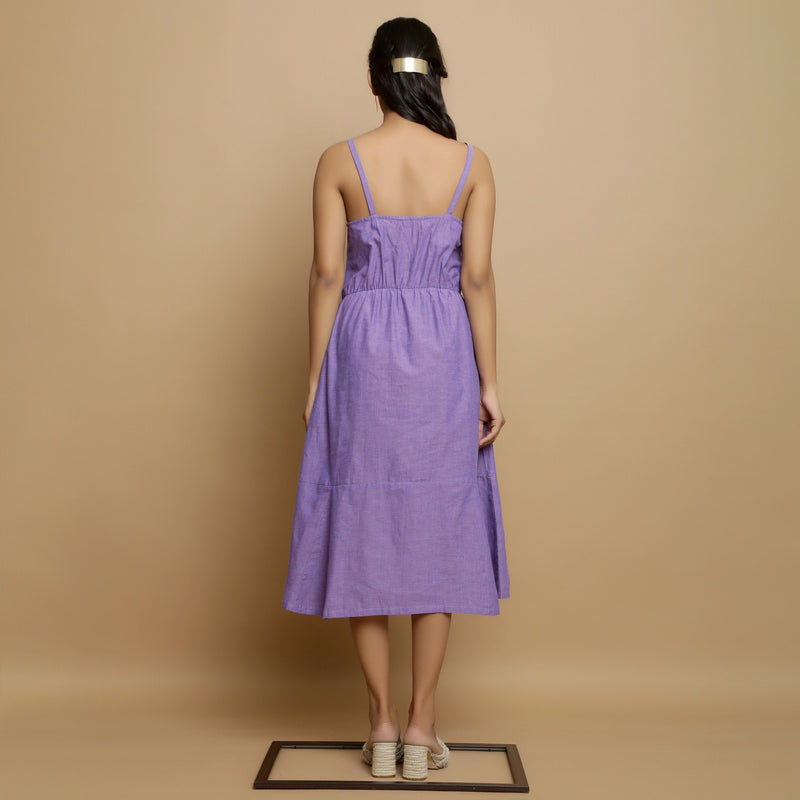 Back View of a Model wearing Hand-Embroidered Lavender Godet Dress