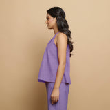 Left View of a Model wearing Lavender Hand-Embroidered Flared Top