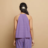 Back View of a Model wearing Lavender Hand-Embroidered Flared Top