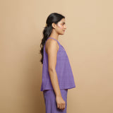 Right View of a Model wearing Lavender Hand-Embroidered Flared Top