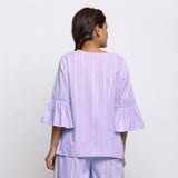 Back View of a Model wearing Lavender Tie-Dye Cotton Lantern Sleeves A-Line Top