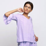 Right View of a Model wearing Lavender Tie-Dye Cotton Lantern Sleeves A-Line Top