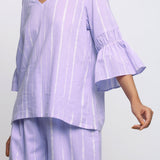 Front Detail of a Model wearing Lavender Tie-Dye Cotton Lantern Sleeves A-Line Top