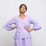 Front View of a Model wearing Lavender Tie-Dye Cotton Lantern Sleeves A-Line Top