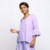 Left View of a Model wearing Lavender Tie-Dye Cotton Lantern Sleeves A-Line Top