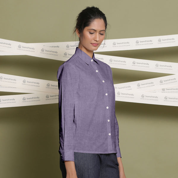 Right View of a Model wearing Lavender Linen Cuff Sleeves Button-Down Shirt
