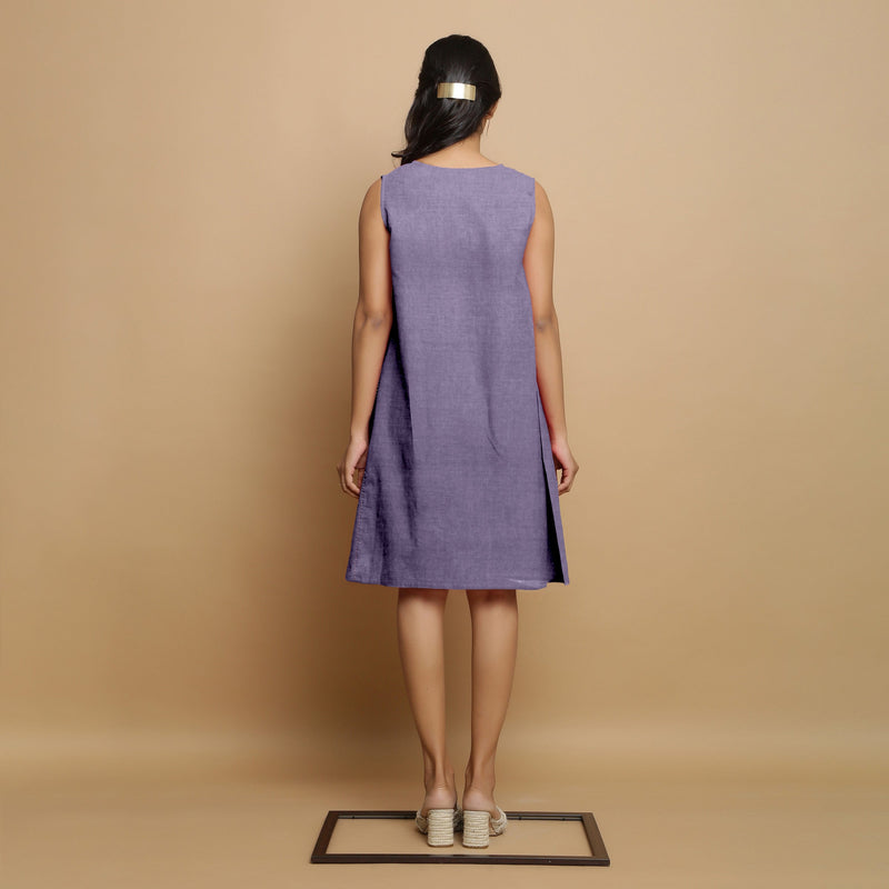 Back View of a Model wearing Lavender Linen Embroidered Knee-Length Godet Dress