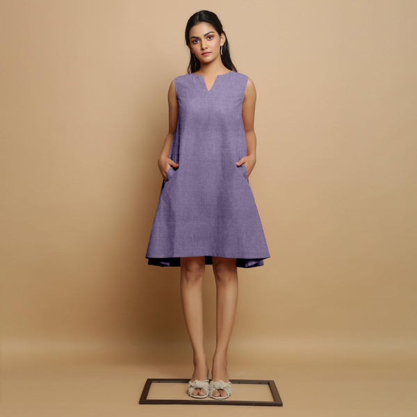 Front View of a Model wearing Lavender Linen Embroidered Knee-Length Godet Dress