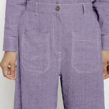 Front Detail of a Model wearing Lavender Linen Patch Pocket Wide Legged Pant