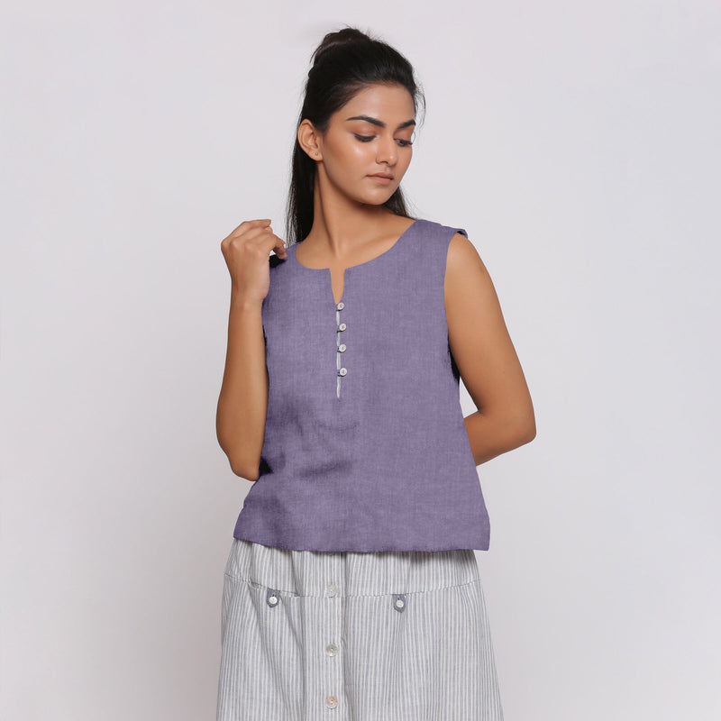 Front View of a Model wearing Lavender Linen Split Neck Button-Down Sleeveless Top