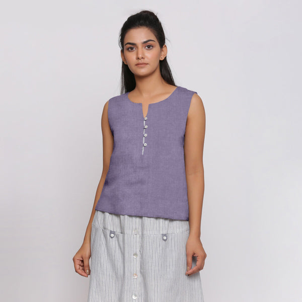 Front View of a Model wearing Lavender Linen Split Neck Button-Down Sleeveless Top