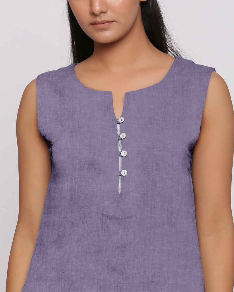 Front Detail of a Model wearing Lavender Linen Split Neck Button-Down Sleeveless Top