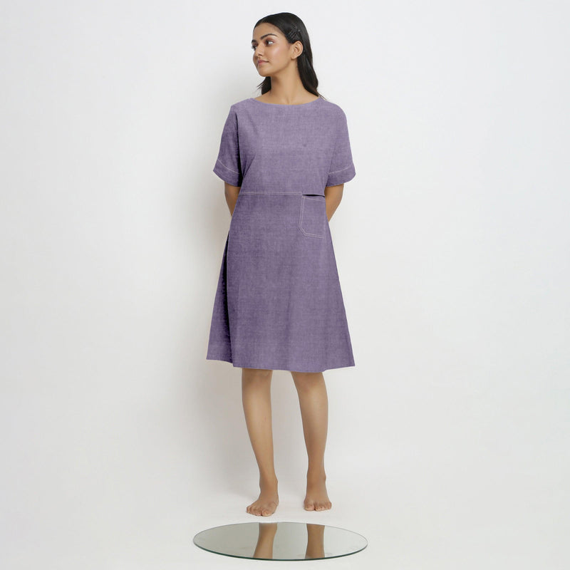 Front View of a Model wearing Lavender 100% Linen Knee Length Yoked Dress