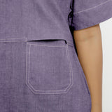 Close View of a Model wearing Lavender 100% Linen Knee Length Yoked Dress